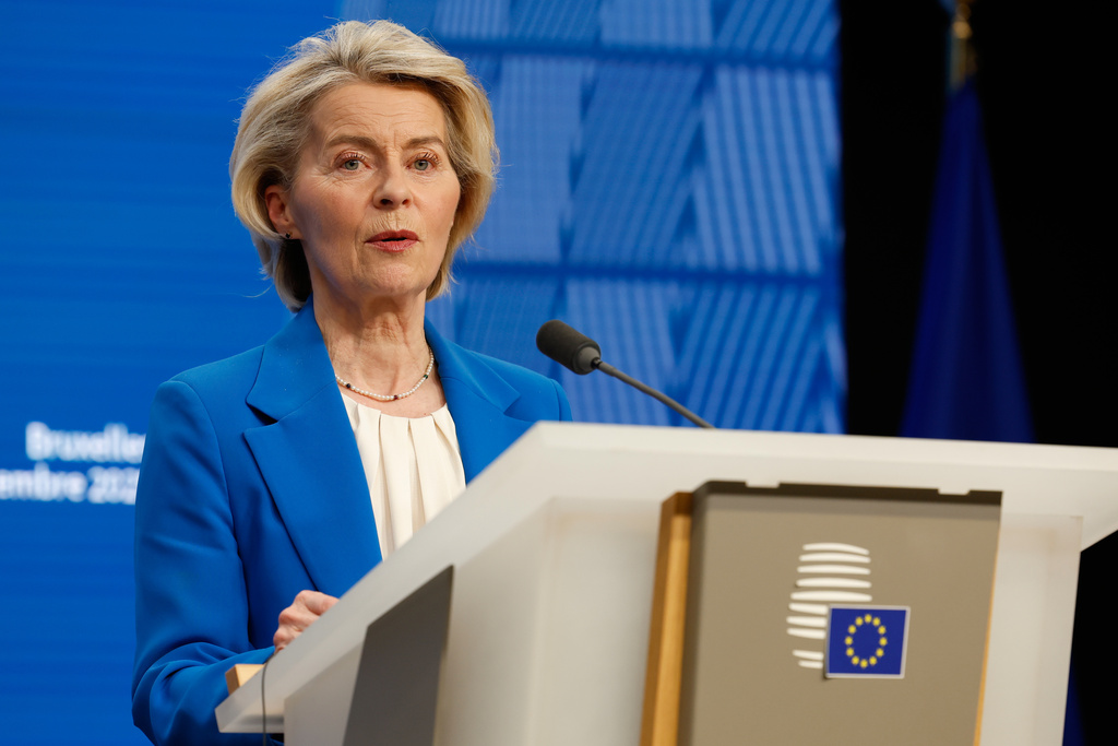 European Commission President Ursula von der Leyen speaks during a media conference at the EU Summit in Brussels, Friday, Dec. 19, 2025.  Source : AP